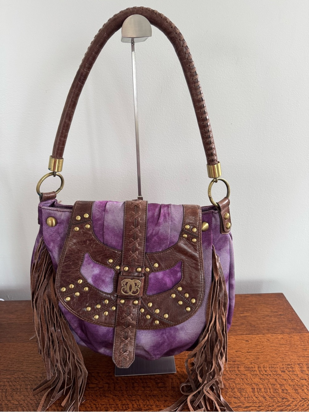 Sharif Vintage Tie-Dye Purple and Brown Fringe Shoulder Bag